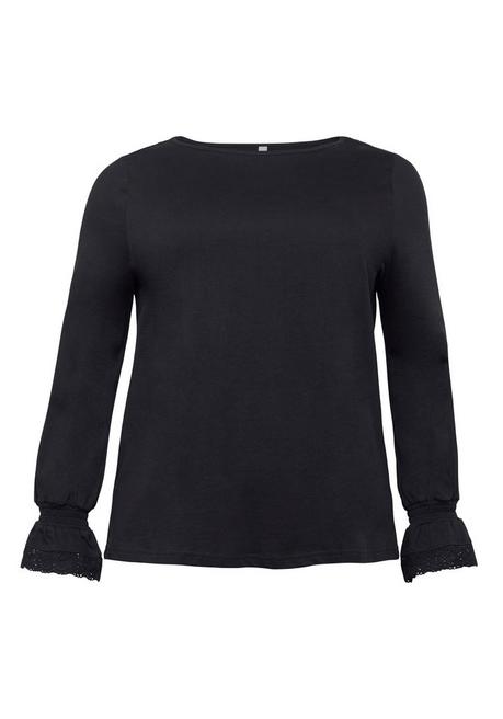 Sheego Langarmshirt Mit Spitze Am Ärmelsaum - Schwarz Sheego
