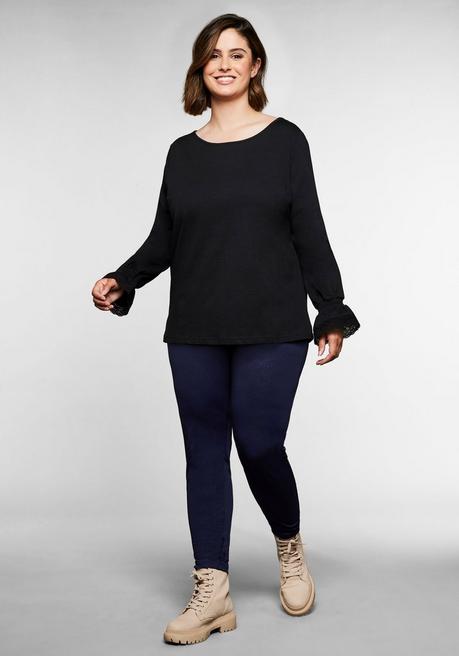 Sheego Langarmshirt Mit Spitze Am Ärmelsaum - Schwarz Sheego