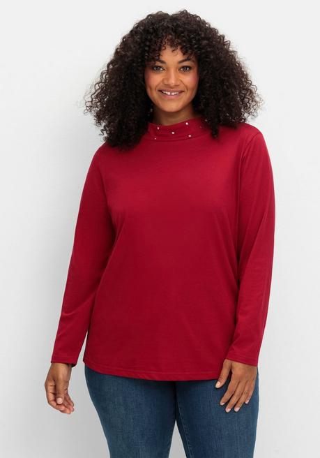 sheego Langarmshirt mit Stehkragen und Glitzerdetails - kirschrot sheego