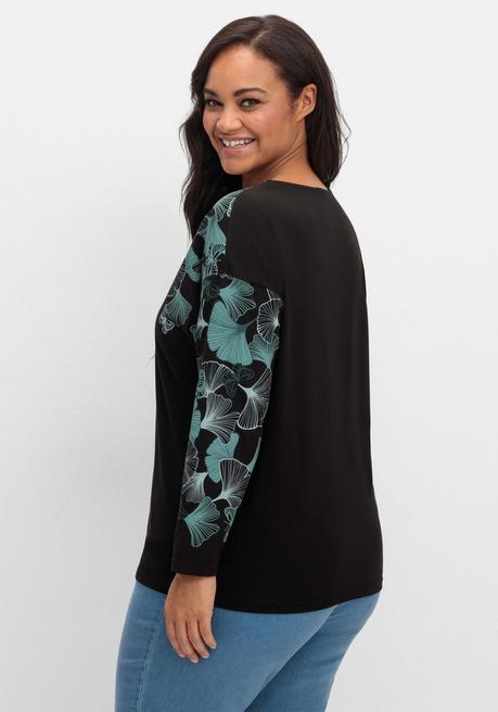 Sheego Langarmshirt Mit V-Ausschnitt Und Blätterdruck - Schwarz Gemustert Sheego