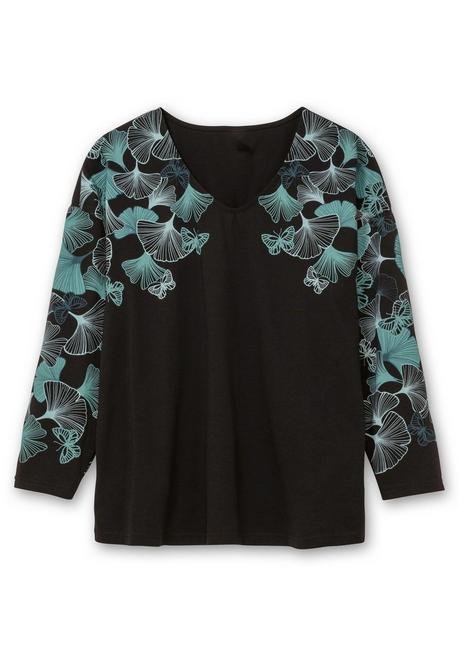 Sheego Langarmshirt Mit V-Ausschnitt Und Blätterdruck - Schwarz Gemustert Sheego