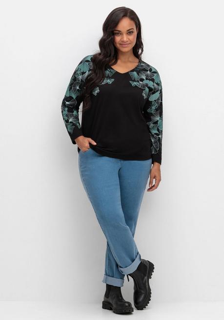 Sheego Langarmshirt Mit V-Ausschnitt Und Blätterdruck - Schwarz Gemustert Sheego