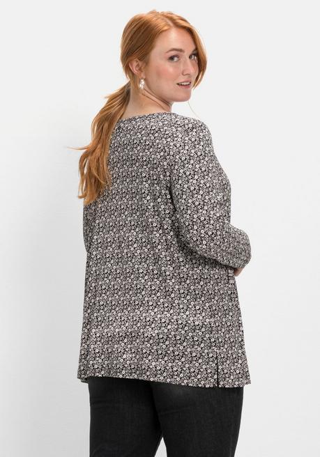 Sheego Langarmshirt Mit V-Ausschnitt Und Kellerfalte - Schwarz-weiß Sheego