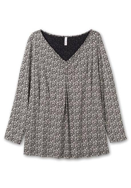 Sheego Langarmshirt Mit V-Ausschnitt Und Kellerfalte - Schwarz-weiß Sheego