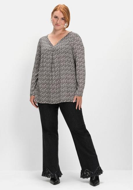 Sheego Langarmshirt Mit V-Ausschnitt Und Kellerfalte - Schwarz-weiß Sheego