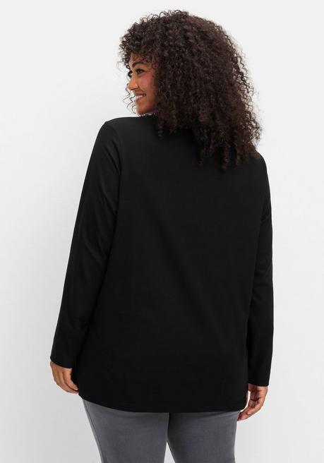 Sheego Langarmshirt Mit V-Ausschnitt Und Leichter A-Linie - Schwarz Sheego