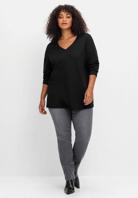 Sheego Langarmshirt Mit V-Ausschnitt Und Leichter A-Linie - Schwarz Sheego