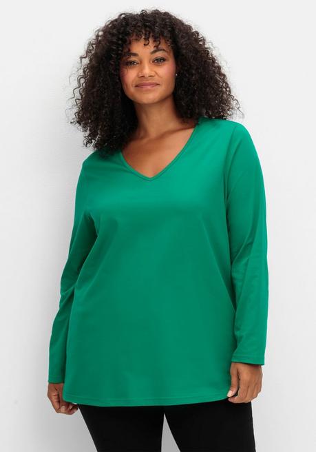 Sheego Langarmshirt Mit V-Ausschnitt Und Leichter A-Linie - Grün Sheego