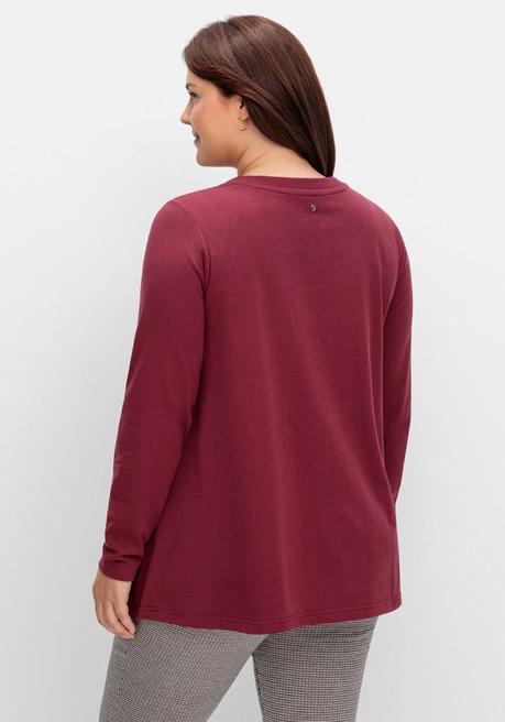 Sheego Langarmshirt Mit V-Ausschnitt Und Rippblende - Weinrot Meliert Sheego