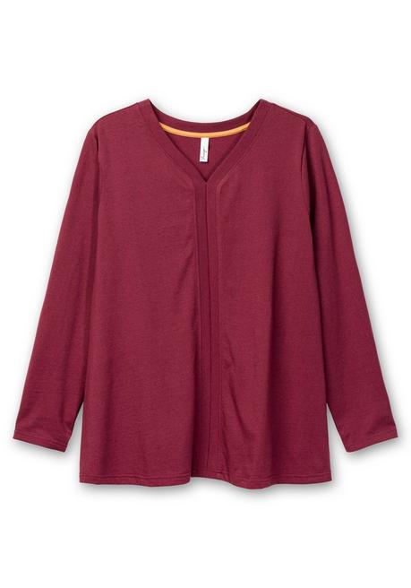 Sheego Langarmshirt Mit V-Ausschnitt Und Rippblende - Weinrot Meliert Sheego