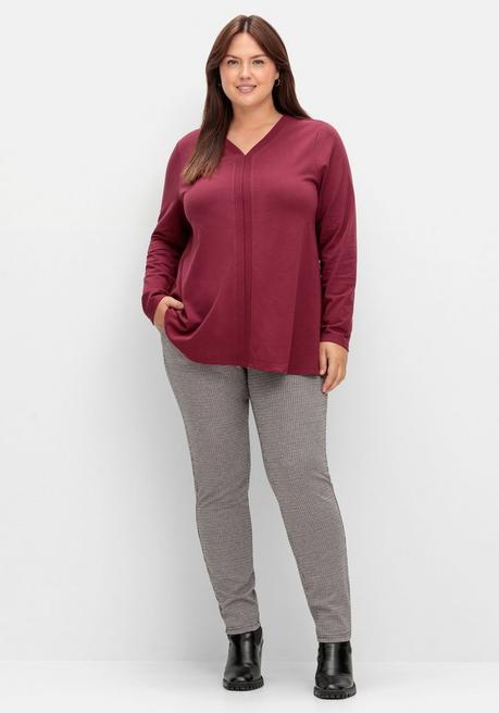 Sheego Langarmshirt Mit V-Ausschnitt Und Rippblende - Weinrot Meliert Sheego