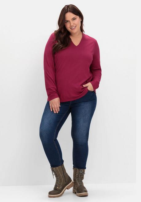 Sheego Langarmshirt Mit V-Ausschnitt, Vorn Doppellagig - Beere Sheego