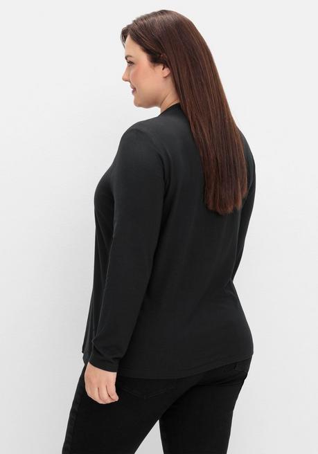 Sheego Langarmshirt Mit V-Ausschnitt, Vorn Doppellagig - Schwarz Sheego