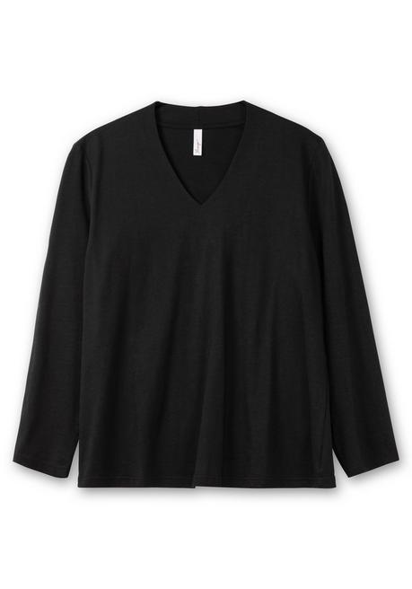 Sheego Langarmshirt Mit V-Ausschnitt, Vorn Doppellagig - Schwarz Sheego