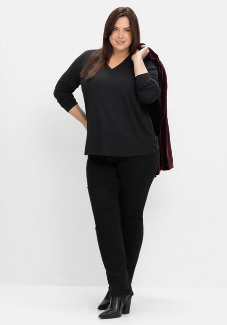 Sheego Langarmshirt Mit V-Ausschnitt, Vorn Doppellagig - Schwarz Sheego