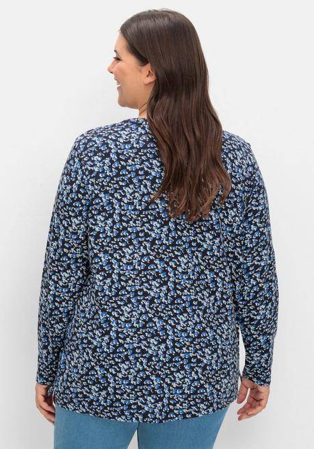 Sheego Langarmshirt Mit V-Schlitz Und Floralem Minimalprint - Tiefblau Gemustert Sheego