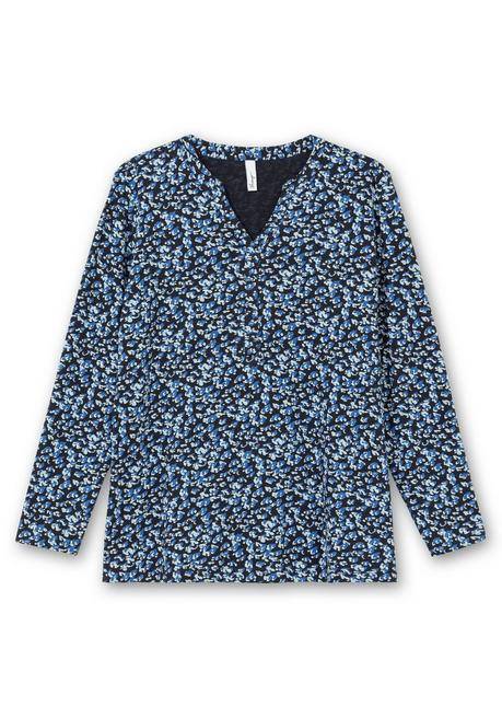 Sheego Langarmshirt Mit V-Schlitz Und Floralem Minimalprint - Tiefblau Gemustert Sheego