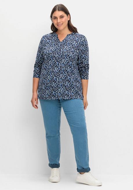 Sheego Langarmshirt Mit V-Schlitz Und Floralem Minimalprint - Tiefblau Gemustert Sheego