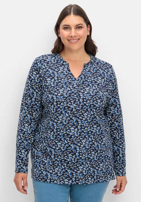sheego Langarmshirt mit V-Schlitz und floralem Minimalprint - tiefblau gemustert sheego