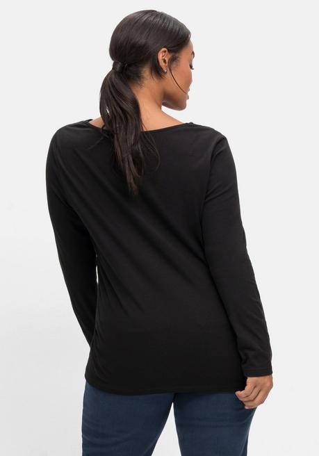 Sheego By Joe Browns Langarmshirt Mit Zierfalten Am V-Ausschnitt, A-Linie - Schwarz Sheego