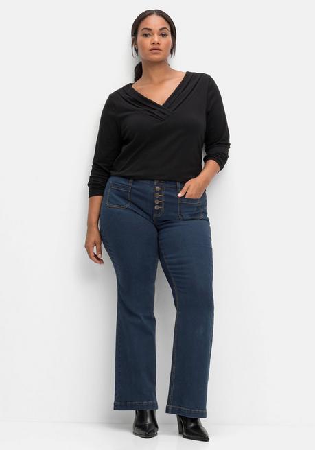 Sheego By Joe Browns Langarmshirt Mit Zierfalten Am V-Ausschnitt, A-Linie - Schwarz Sheego