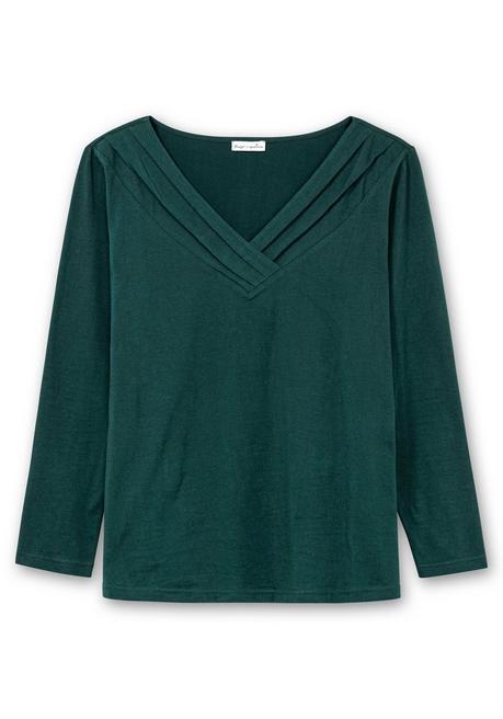 Sheego By Joe Browns Langarmshirt Mit Zierfalten Am V-Ausschnitt, A-Linie - Tiefgrün Sheego
