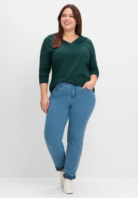 Sheego By Joe Browns Langarmshirt Mit Zierfalten Am V-Ausschnitt, A-Linie - Tiefgrün Sheego