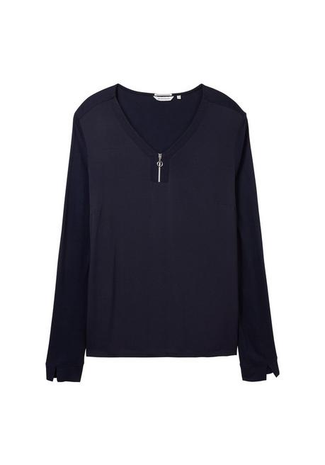 TOM TAILOR Plus Langarmshirt Mit Zipper Am V-Ausschnitt - Marine Sheego