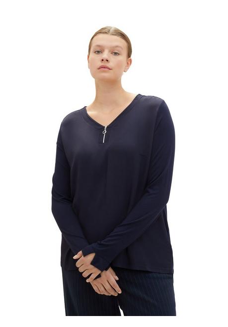 TOM TAILOR Plus Langarmshirt mit Zipper am V-Ausschnitt - marine sheego