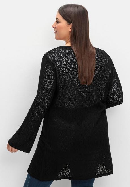 Sheego Lange Ajour-Strickjacke Mit Bindeband - Schwarz Sheego