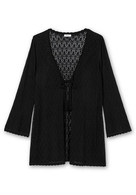 Sheego Lange Ajour-Strickjacke Mit Bindeband - Schwarz Sheego