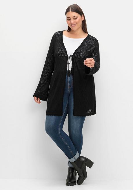 Sheego Lange Ajour-Strickjacke Mit Bindeband - Schwarz Sheego