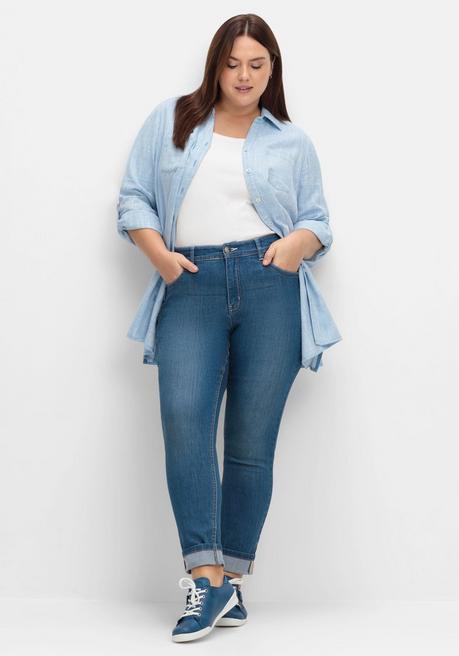 Sheego Lange Bluse Mit Krempelärmeln, In Leinenoptik - Blau Sheego