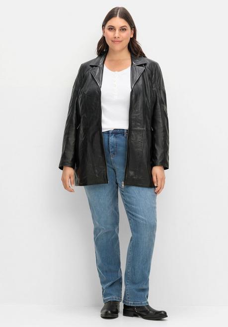 Sheego Lange Lederjacke Aus Lammnappa, Mit Reverskragen - Schwarz Sheego