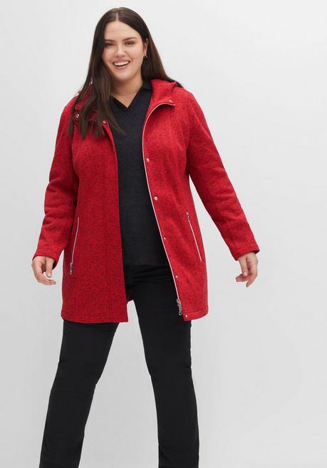 Sheego Lange Melierte Strickfleecejacke Mit Kapuze - Mohnrot Meliert Sheego