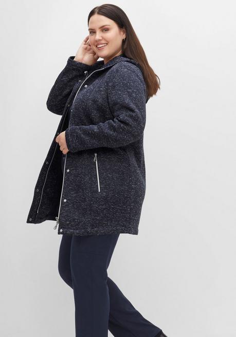 Sheego Lange Melierte Strickfleecejacke Mit Kapuze - Nachtblau Meliert Sheego