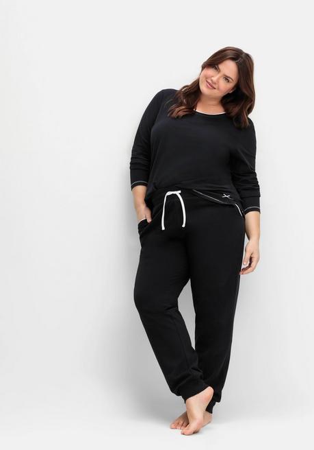 Sheego Lange Schlafhose Mit Schmalem Bein Und Kontrastdetails - Schwarz Sheego