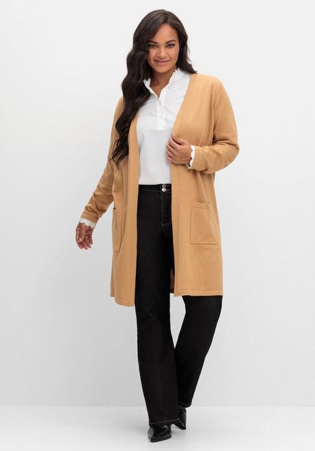 Sheego Lange Strickjacke In Offener Form, Mit Taschen - Camelfarben Sheego