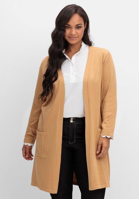 sheego Lange Strickjacke in offener Form, mit Taschen - camelfarben sheego