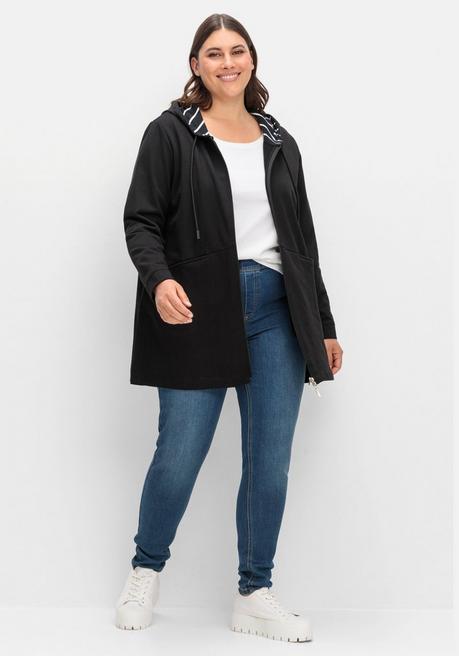 Sheego Lange Sweatjacke Mit Gestreiftem Kapuzenfutter - Schwarz Sheego