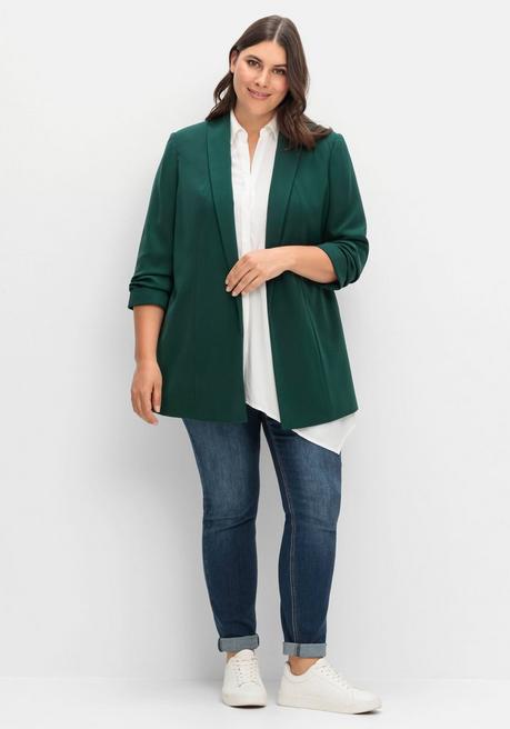 Sheego Langer Blazer Mit Schalkragen Und Gerafftem 3/4-Arm - Tiefgrün Sheego