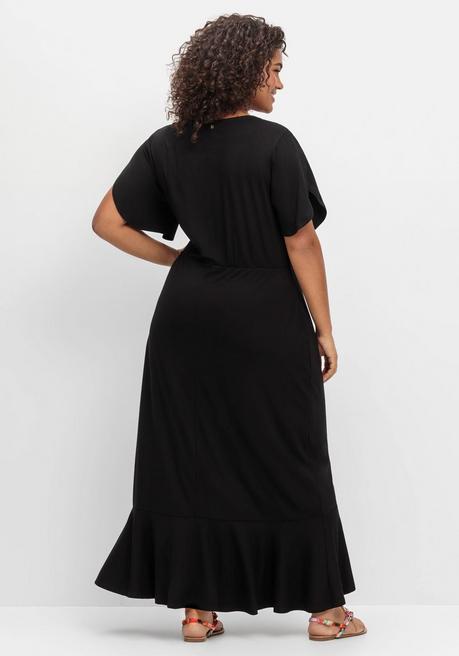 Sheego Langes Jerseykleid In Wickeloptik, Mit Volantrock - Schwarz Sheego