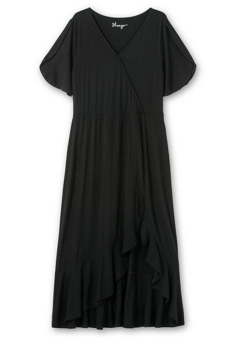 Sheego Langes Jerseykleid In Wickeloptik, Mit Volantrock - Schwarz Sheego