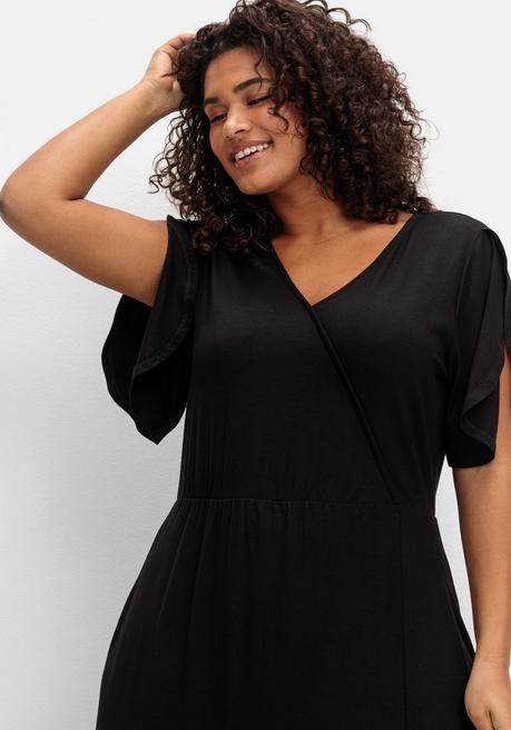 Sheego Langes Jerseykleid In Wickeloptik, Mit Volantrock - Schwarz Sheego