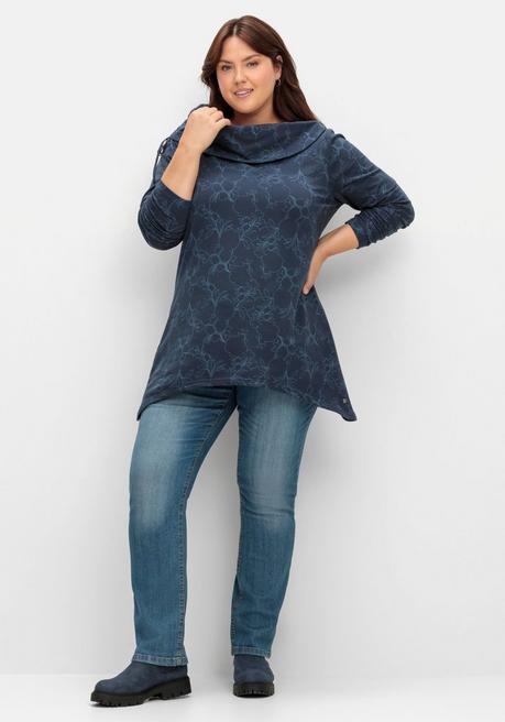 Sheego Langes Sweatshirt Mit Alloverdruck, In Zipfelform - Nachtblau Gemustert Sheego