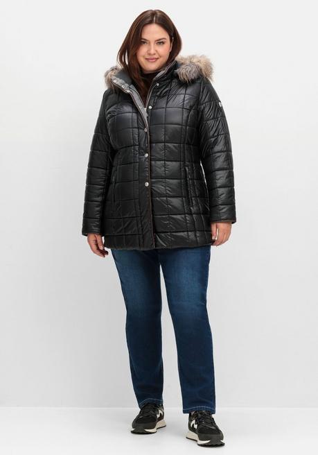 Sheego Leicht Glänzende Steppjacke Mit Kunstfell-Kapuze - Schwarz Sheego