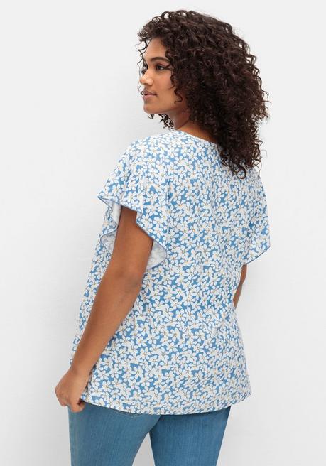 Sheego By Joe Browns Leicht Taillierte Bluse Mit Kurzen Volantärmeln - Blau Gemustert Sheego