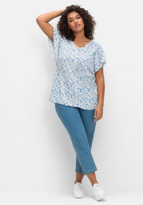 Sheego By Joe Browns Leicht Taillierte Bluse Mit Kurzen Volantärmeln - Blau Gemustert Sheego