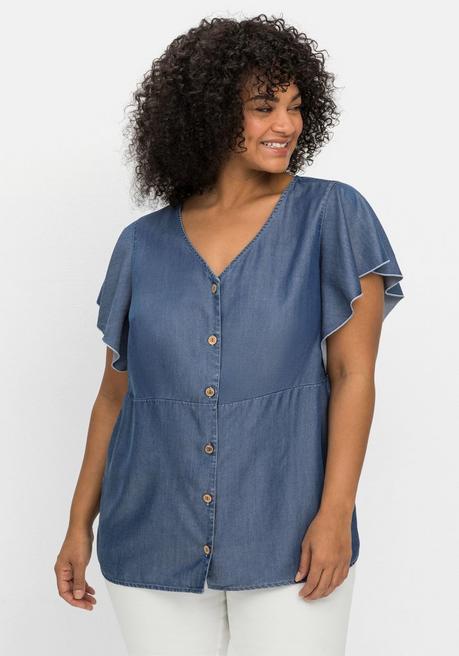 Sheego By Joe Browns Leicht Taillierte Bluse Mit Kurzen Volantärmeln - Blue Denim Sheego