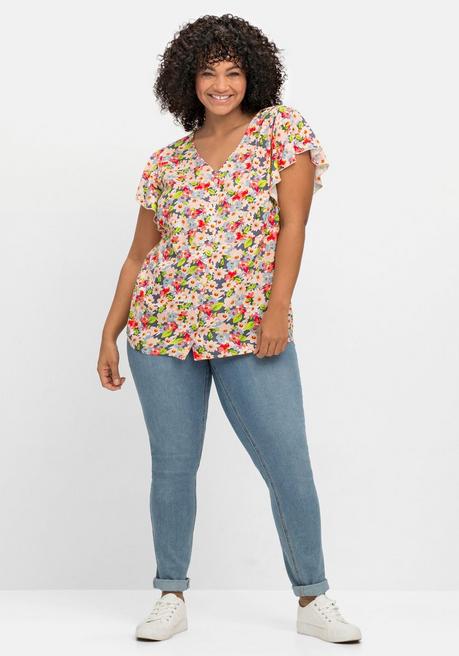 Sheego By Joe Browns Leicht Taillierte Bluse Mit Kurzen Volantärmeln - Rosé Gemustert Sheego